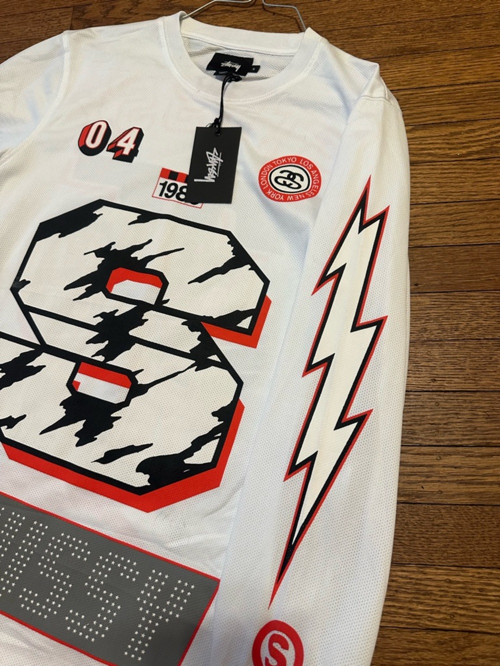 Stussy White Long Sleeve Tee with Black & Red Graphic 'S' - Picture 5 of 8